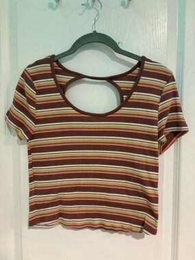 SO Brown Multicolor Striped Cutout Crop Top